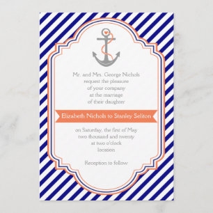 Navy, Korallenanker & Streifen Hochzeit Einladung