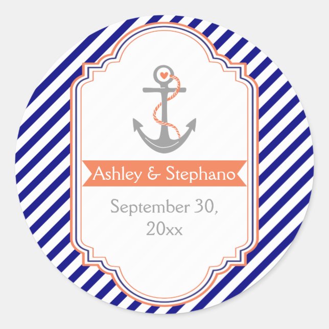 Navy, Korallenhochzeit Sichern Sie das Datum Runder Aufkleber (Vorderseite)