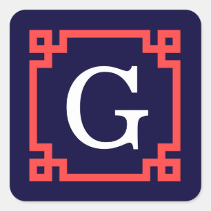 Navy, Korallenroter griechischer Schlüsselrahmen # Quadratischer Aufkleber
