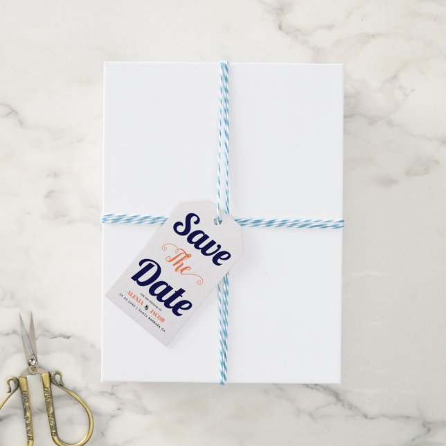 Navy, Korallentypografie Save the Date Foto Geschenkanhänger (Mit Garn)