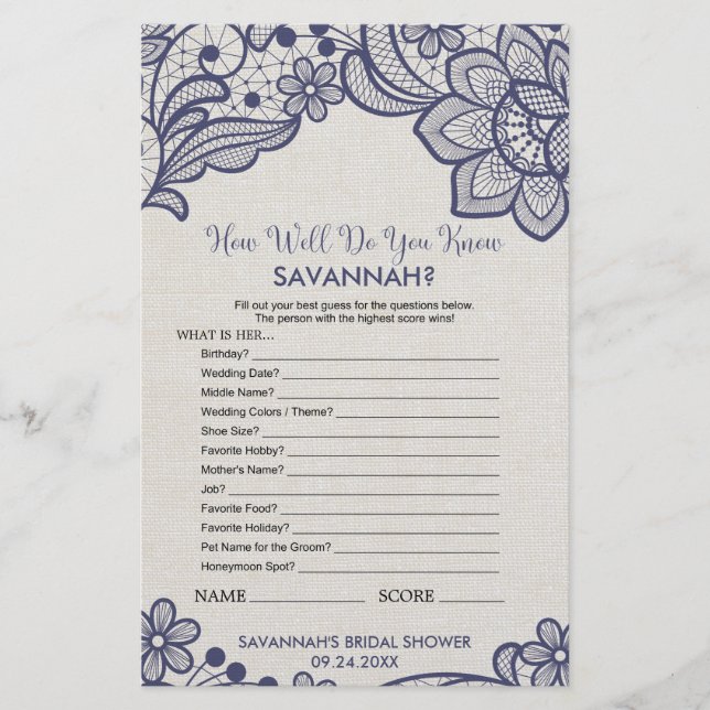 Navy Lace "How Well Do You Know The Bride" Game Flyer (Vorne)