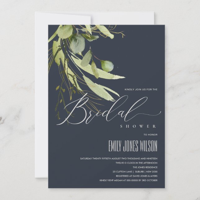 NAVY LEAFY GREEN FOLIAGE WATERCOLOR BRAUTPARTY EINLADUNG (Vorderseite)