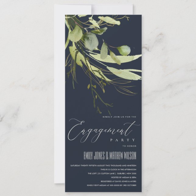 NAVY LEAFY GREEN FOLIAGE WATERCOLOR VERLOBUNG EINLADUNG (Vorderseite)