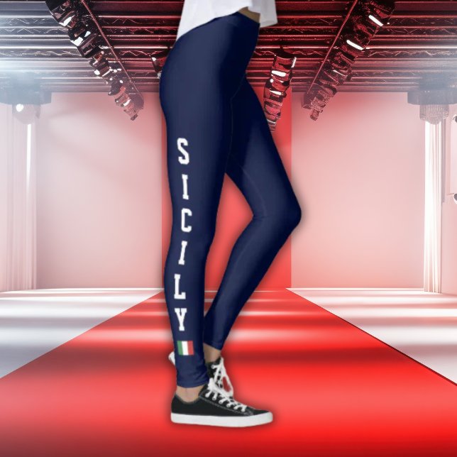 Navy Leggings with Vertical Sicily & Italian Flag (Navy Leggings with white athletic SICILY and Italian Flag icon)