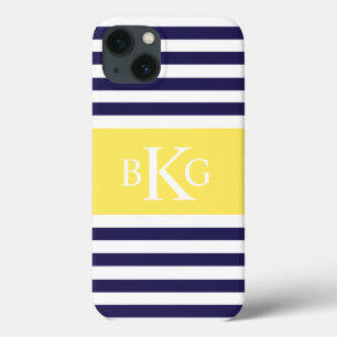 Navy Lemon Yellow Stripes Monogram iPhone 13 Hülle