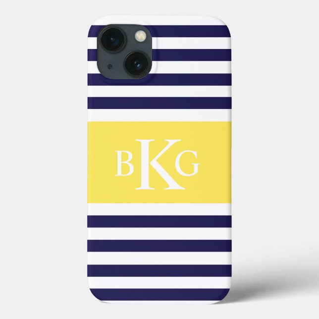Navy Lemon Yellow Stripes Monogram Case-Mate iPhone Hülle (Rückseite)