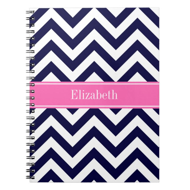 Navy LG Zickzack HotPink2 Quarzfolienname Monogram Notizblock (Vorderseite)