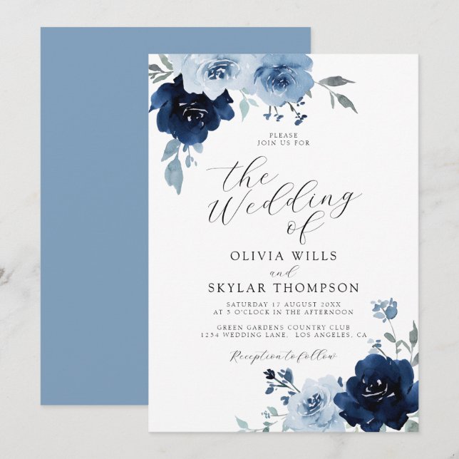Navy Light Blue Dusty Elegant Floral Wedding Invit Einladung (Vorne/Hinten)