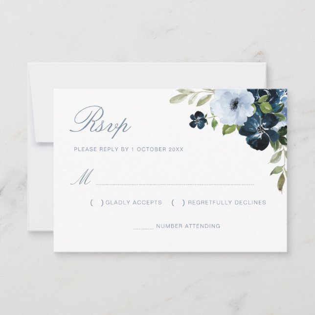 navy & light blue floral wedding rsvp card (Vorderseite)
