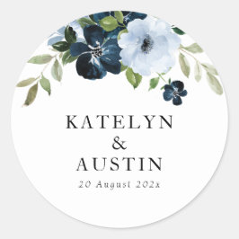navy & light blue floral wedding runder aufkleber