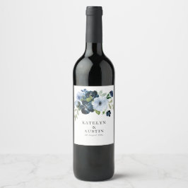 navy & light blue floral wedding weinetikett