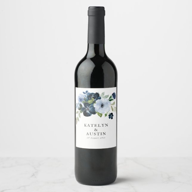 navy & light blue floral wedding weinetikett (Vorderseite)