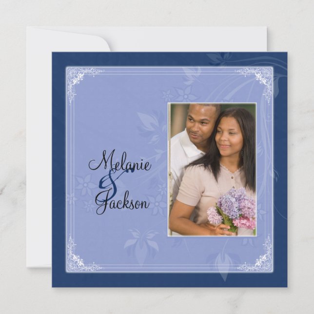 Navy Light Blue Floral Wirbel Foto Post Wedding Einladung (Vorderseite)