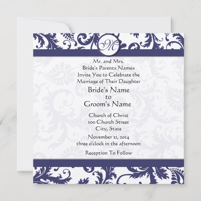 Navy Light Damask Swirls Wedding Invitation Einladung (Vorderseite)