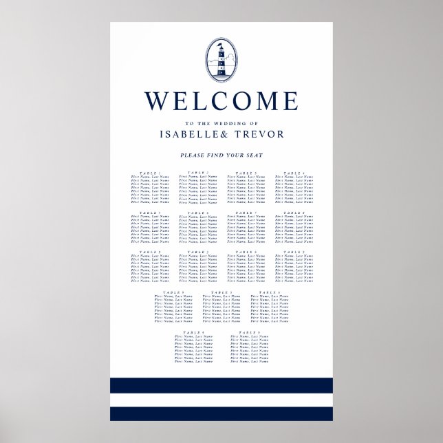 Navy Lighthouse Nautic | 17 Tabelle Seating Chart Poster (Vorne)