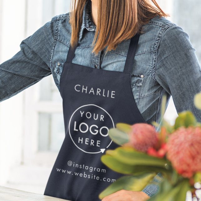 Navy Logo Corporate Modern Minimalist Blue Schürze (Navy blue company branded staff aprons for cafes, stores, business events & employee identification.)