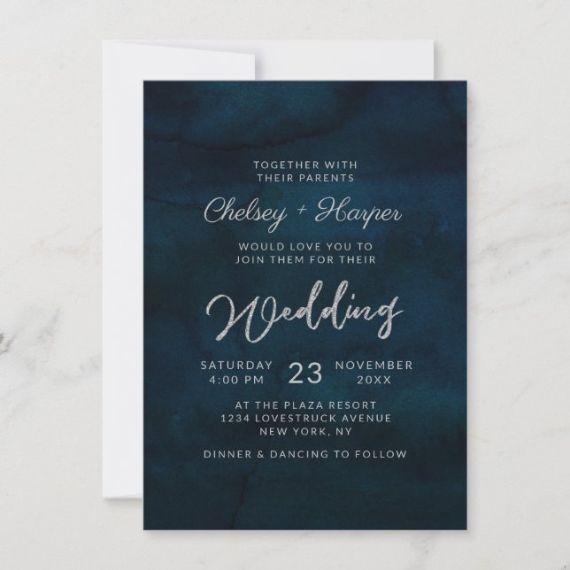 Navy Luster Dark Blue Minimal Monogram Wedding Einladung (Vorderseite)