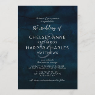 Navy Luster Dark Blue Silver Simple Modern Wedding Einladung