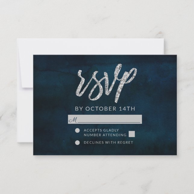 Navy Luster Dark Blue Silver Wedding RSVP Reaktion Karte (Vorderseite)