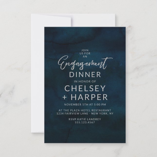 Navy Luster Dark Blue Watercolor Engagement Party Einladung (Vorderseite)