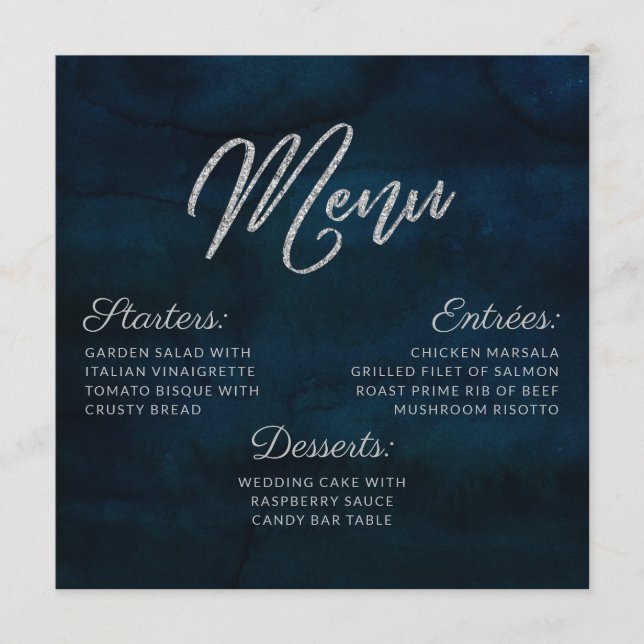 Navy Luster Silver Blue Watercolor Square Dinner Menükarte (Vorderseite)