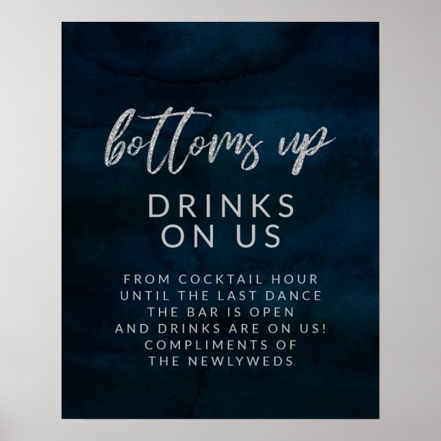 Navy Luster Silver Wedding Open Bar Table Sign Poster (Vorne)