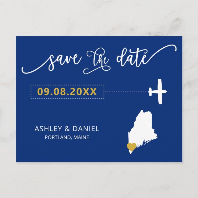 Navy Maine Wedding Save the Date Map Postcard Postkarte (Vorderseite)