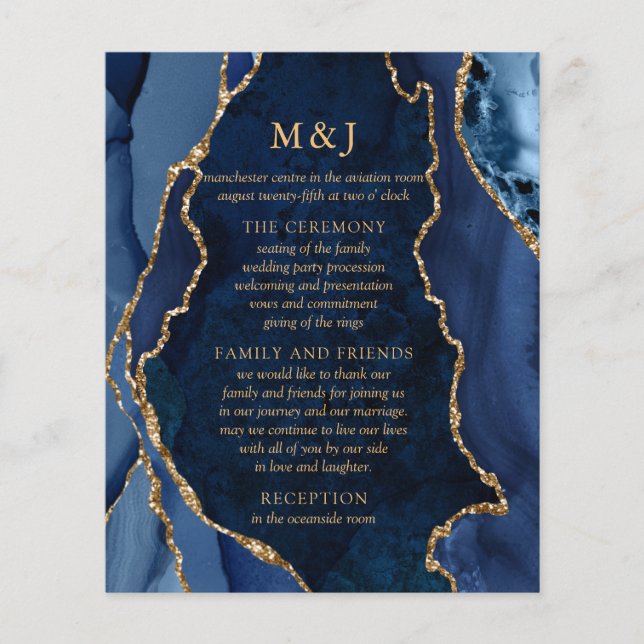 Navy Marmor & Gold Achat Hochzeitsprogramm (Vorderseite)