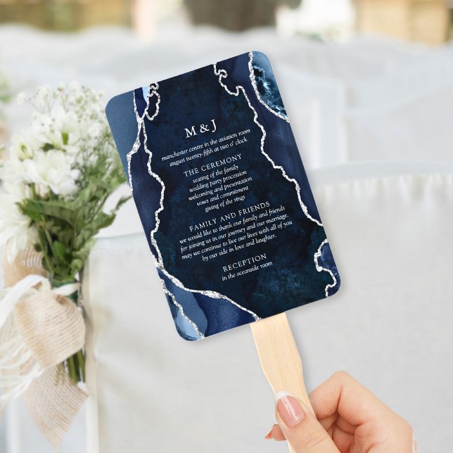 Navy-Marmor- und Silber-Achat-Hochzeitsprogramm Fächer (Von Creator hochgeladen)