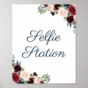 Navy Marsala Florale Hochzeit Selfie-Station Schil Poster