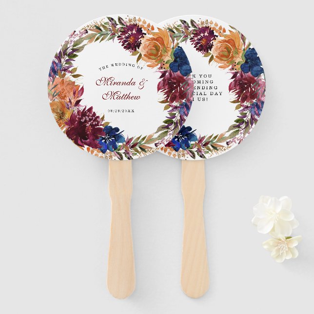 Navy Marsala Orange Floral Wedding Vielen Dank Fächer (Vorne und Hinten)