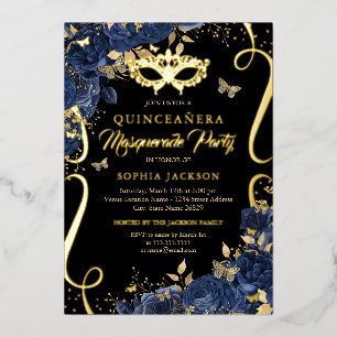 Navy Masquerade Floral Butterfly Quinceanera Folieneinladung