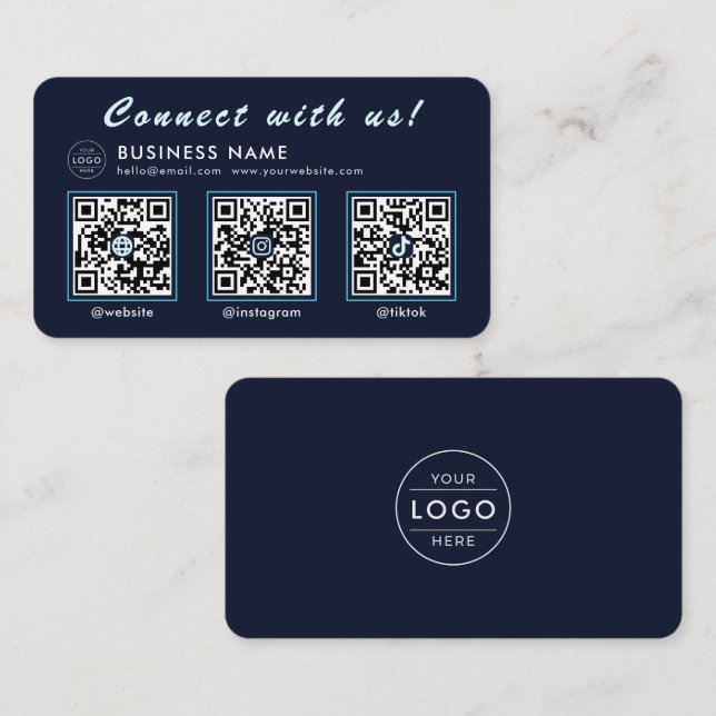 Navy Midnight Blau 3 QR Code Multi Social Visitenkarte (Vorne/Hinten)
