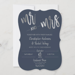 Navy Minimalistisch Silver Foil Script Mr. Wedding Einladung