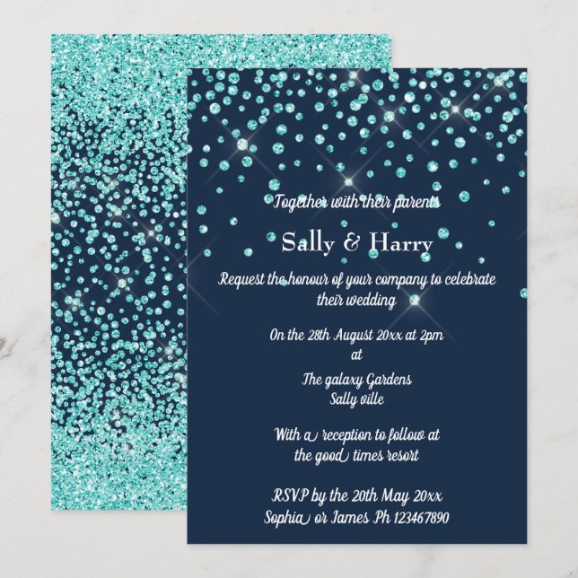Navy Mint Diamonds Hochzeit Aqua Green Kristall Einladung (Vorne/Hinten)