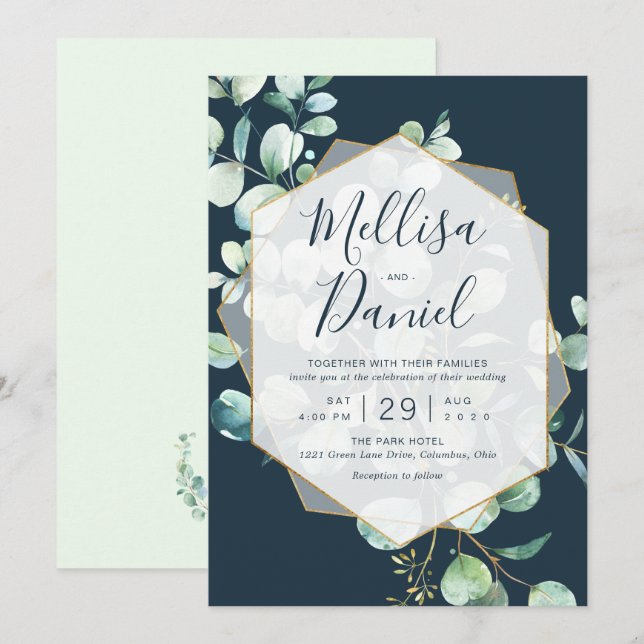 Navy & Mint Greenery mit geometrischem Rahmen Einladung (Vorne/Hinten)