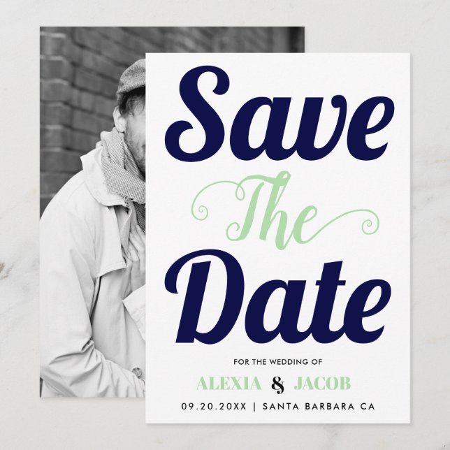 Navy, Minztypografie und Foto auf der Rückseite Save The Date (Vorne/Hinten)
