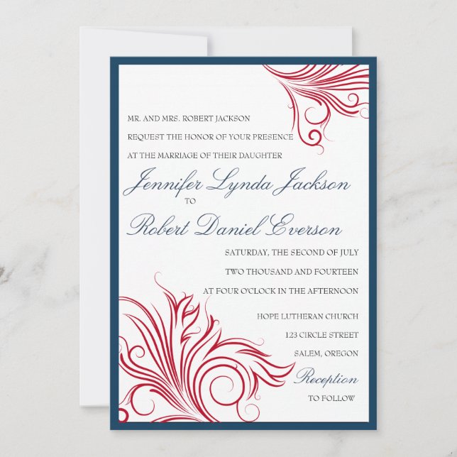Navy mit Roten Wirbel Hochzeitseinladungen Einladung (Vorderseite)