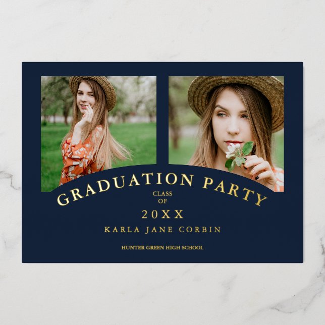 Navy Modern Elegant Chic Graduation Party 2 Photos Folieneinladung (Vorderseite)