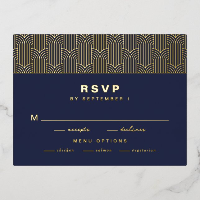 Navy Modern Foil RSVP Card Folie Einladungspostkarte (Vorderseite)