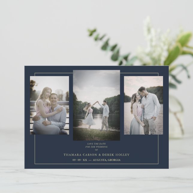 Navy Modern Gold 3 Photos Sophisticated Wedding (Stehend Vorderseite)