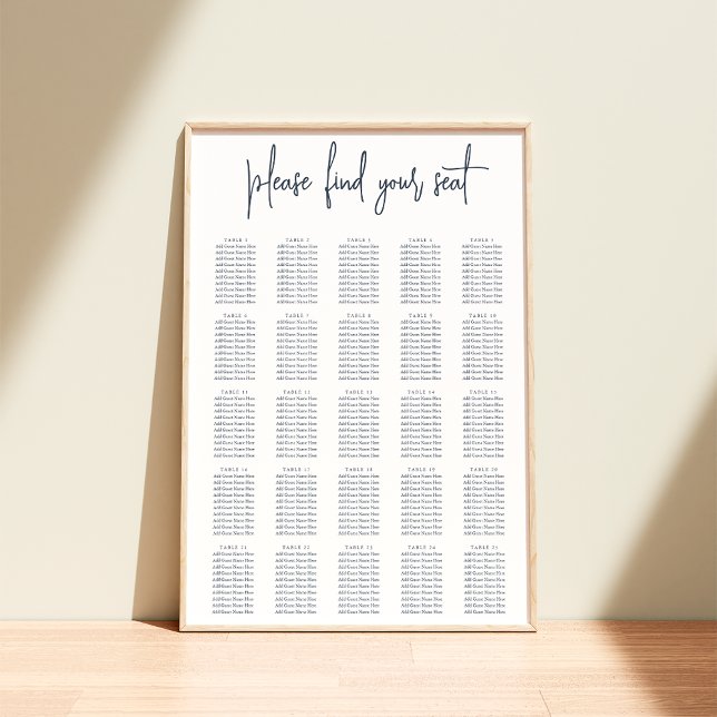 Navy | Modern Handwritten XL Wedding Seating Chart Poster (Von Creator hochgeladen)