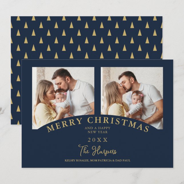 Navy Modern Luxury Chic Christmas 2 Fotos der Fami Einladung (Vorne/Hinten)