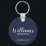 Navy Modern Script Personalisiert Trauzeuge Schlüsselanhänger<br><div class="desc">Personalisierte Trauzeuge Geschenke mit dem Namen des personalisierten Trauzeugen im modernen,  weißen Script-Schriftart Stil mit Titel und Hochzeitsdatum in modernen Sans Serif Schriftart Stil auf marineblau Hintergrund. Auch perfekt für Trauzeuge,  Brautvater,  Brautjungfrau,  Trauzeugin,  Brautmutter und mehr.</div>