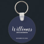 Navy Modern Script Personalisiert Trauzeuge Schlüsselanhänger<br><div class="desc">Personalisierte Trauzeuge Geschenke mit dem Namen des personalisierten Trauzeugen im modernen,  weißen Script-Schriftart Stil mit Titel und Hochzeitsdatum in modernen Sans Serif Schriftart Stil auf marineblau Hintergrund. Auch perfekt für Trauzeuge,  Brautvater,  Brautjungfrau,  Trauzeugin,  Brautmutter und mehr.</div>