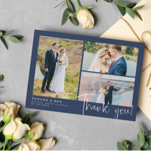 Navy Modern Wedding 3 Foto Collage Vielen Dank Dankeskarte