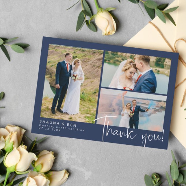 Navy Modern Wedding 3 Foto Collage Vielen Dank Dankeskarte (Von Creator hochgeladen)