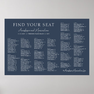 Navy Modern Wedding Alphabetical Seating Chart Poster