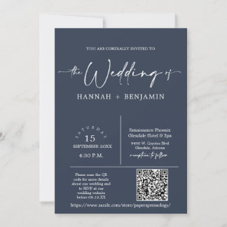 Navy Modernes Minimalistischer Hochzeitbogen QR Co Einladung