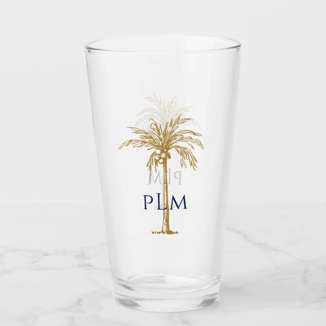 Navy Monogram auf Artistic Tropical Gold Palm Tree Glas (Vorderseite)